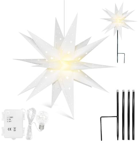 Qijieda 3D Weihnachtsstern Beleuchtet Außen Batterie mit Timer - 58cm led Weihnachtsstern für Fenster, Adventsstern Stern Zum Dekorieren von Innenhof, Balkon Und Garten (White)