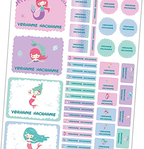 50 x Namensaufkleber mit Wunschname personalisiert Aufkleber Set mit Kinder Name Beschriftung Schule Kindergarten Kleidung Sticker wasserfest (11 Meerjungfrauen)