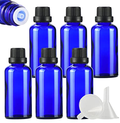 ZEOABSY 6 Pcs 50ml Blue Glass Dropper Bottle with Tamper Evident Black Dripper Cap for Essential Oils Fragrances Aromatherapy Cosmetic Travel Bottles Vials