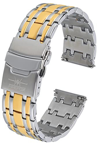 FIREFOX Ersatz- Uhrenarmband extra lang Überlänge Edelstahl voll massiv Bicolor Gold-Silber Breite 20mm MB-04-F20 Quick Release