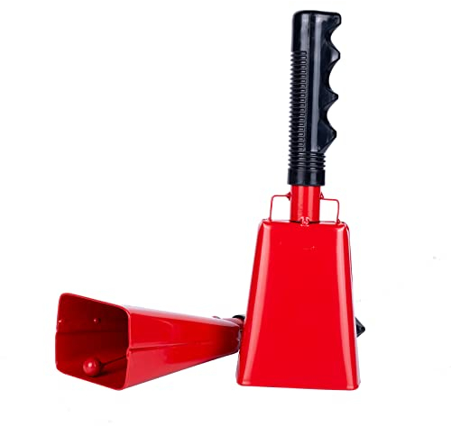 Musfunny Stahl Kuhglocke mit Griff, 2 Stück Metall Kuh Glocken 8 Zoll Groß Jubelnde Handglocke für Fußball Spiele Sportveranstaltungen Party Farm Musikinstrument (Rot)