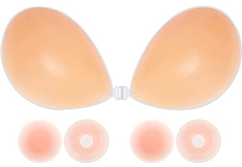 Memoryee Donna Reggiseno Senza Spalline, Reggiseno Invisibile in Silicone Adesivo Push Up con 4 Riutilizzabile Coppa Reggiseno Capezzolo per A-G Coppa Grandi/#1 Beige/D