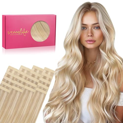 WENNALIFE Tape Extensions Echthaar, 20pcs 50g 35cm 14 Zoll Dreckiges Blond Highlights Bleichblond Remy Invisible Tape Extensions Seidig Gerade Echthaar Extensions Skin Weft Tape Ins
