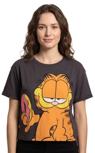 Garfield Cropped T-Shirt for Women | Ladies Doughnut Cartoon Cat Character Short Sleeve Charcoal Crop Top | Movie Merchandise Clothes