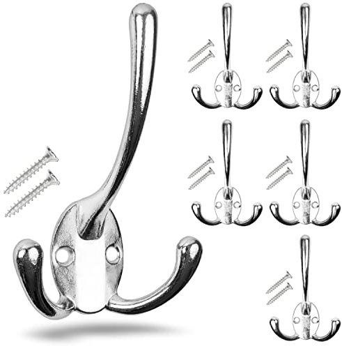 Haken zum Schrauben, 6 Stück, in Silber, Außen 113 x 67 x 27 mm, Dreierhaken inkl. Holzschrauben, Garderobenhaken für Tür, Bad, Küche, Flur, DIY Metallhaken, Jackenhaken, Schwanenhals Schraubhaken