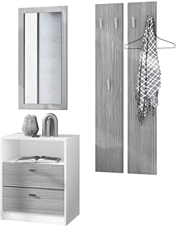 Vladon Garderobe Pino V1, Made in Germany, Garderobenset bestehend aus 1 Kommode, 1 Wandspiegel und 2 Garderobenpaneele, Weiß matt/Avola-Anthrazit (ca. 130 x 185 x 36 cm)