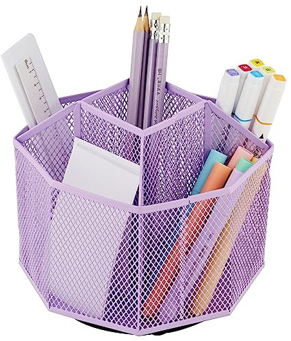 Annova Organiseur de bureau rotatif en maille avec 5 compartiments pour bonbons/stylos pour bureau, fournitures artistiques, rangement, salle de classe, maison (Light Purple)