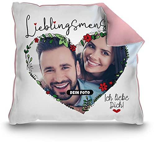 PR Print Royal Fotokissen mit Spruch - Lieblingsmensch, Ich Liebe Dich - zum selbst gestalten mit Foto in Herzform - Geschenke zum Jahrestag | inkl. Füllung, Rückseite Rosa, 40 x 40 cm