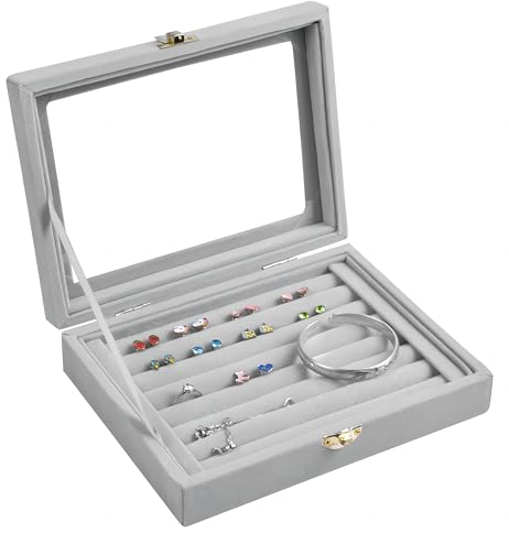 Caja Organizadora de Joyas de Terciopelo, 7 Ranuras Caja de Exhibición Joyero Organizador con Tapa de Vidrio, Estuche de Almacenamiento Joyería para Mujeres Niñas Anillos Pendientes Pulseras (gris)