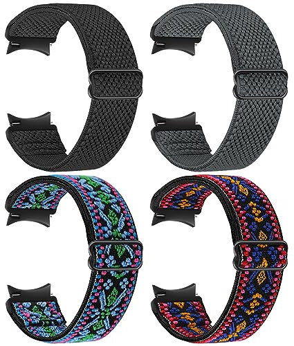 Yunshare Elastic Watch Straps Compatible with Samsung Galaxy 6/5/4 40mm 44mm/Galaxy 6 Classic 43mm 47mm/Watch 5 Pro 45 mm/Galaxy 4 42mm 46mm Stretch Nylon Solo Loop, Black+Grey+Boho Blue+Boho Red