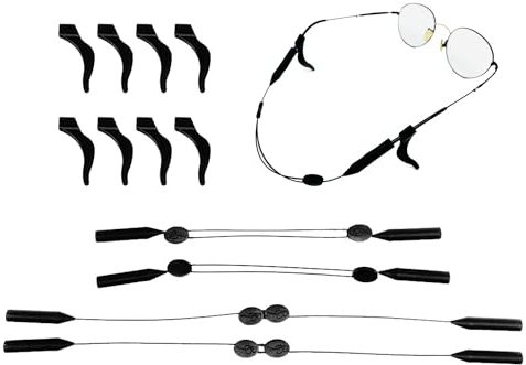 EUPSIIU 4 StückVerstellbares Brillenband und 8 Pack Brillenbügelhaken, elastische Silikon-Brillenbänder, Brillenhalter für Sport, Flexibel, Sportbrillenband für Kinder, Damen, Herren (Schwarz)