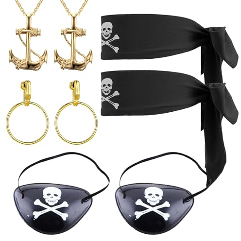 SKHAOVS 8 Stücke Piraten Kostümzubehör Set Piraten Augenklappen, Piraten Stirnband, Piraten Accessoires, Captain Pirate Kostüm Zubehör Set für Karneval Party Halloween and Pirate Party