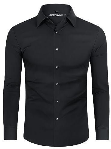 DEMEANOR Camisa Elástica Manga Larga Informal, Corte Ajustado, Camisas de Negocios, Sin Planchar, Negro, L