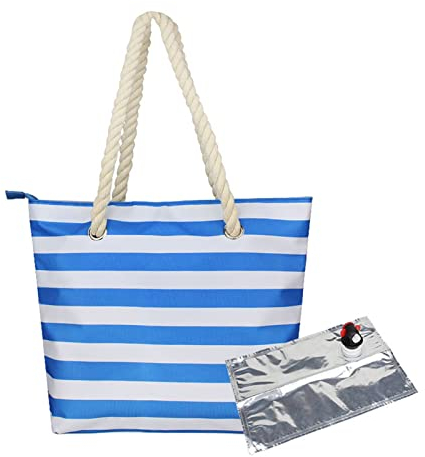 Linsition Wine Handbag Beach Wine Purse Wine Bag Beach Bag Made of Canvas Insulated Wine Cooler Bag Insulated for Travel Bag with Hidden and Insulated Compartment for Wine Lovers, Blue + Inner Bag, M
