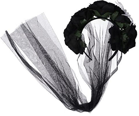Schwarzes Turban-Stirnband, Halloween-Blumenschleier, künstliches Blutgel, Damen-Haarschmuck, Blumendekor, Cosplay-Kopfbedeckung, Spitzen-Stirnbänder, Rosen-Haarband, Stirnband, Krone, Braut, Geist/11