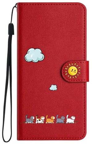 Jeffene Coque Portefeuille pour Samsung Galaxy A70/A70S (6,7),Étui à Rabat Housse en Cuir,Chat Pochette Carte Magnétique de Protection Cover Case Antichoc pour Samsung Galaxy A70/70S,Rouge