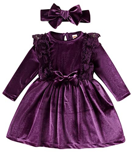 Vestito da bambina a maniche lunghe, in pizzo a linea, abito in velluto + fascia per matrimonio, festa, autunno, inverno, Viola intenso, 18-24 Mesi
