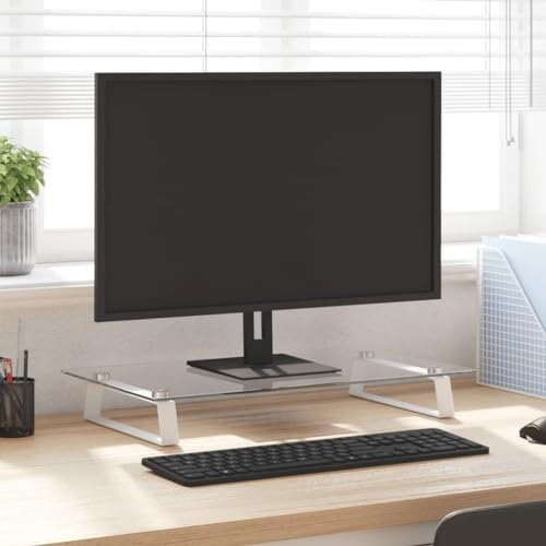 Tidyard Support de Moniteur Blanc 60x35x8 cm Verre Trempé et Métal, Support de Moniteur, Rehausseur d'écran de Bureau Meuble TV de Moniteur pour Ordinateur, TV, Imprimante
