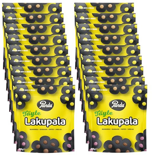 Panda ® | Lakupala filled liquorice | Soft & fresh filled licorice | Original Panda licorice with four delicious fillings; Strawberry, Choco, Caramel and Banana | 250G x 18 Bags Pack