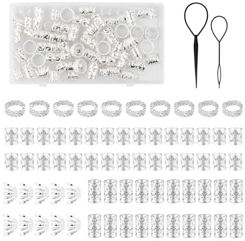 72 Pièces Anneaux De Cheveux Dreadlocks, Aluminium Bijoux Tresse Cheveux Accessoires, Réglable Pendentif Dreadlocks Pinces en Métal pour Tresses Décoration avec Boîte de Rangement, Argenté