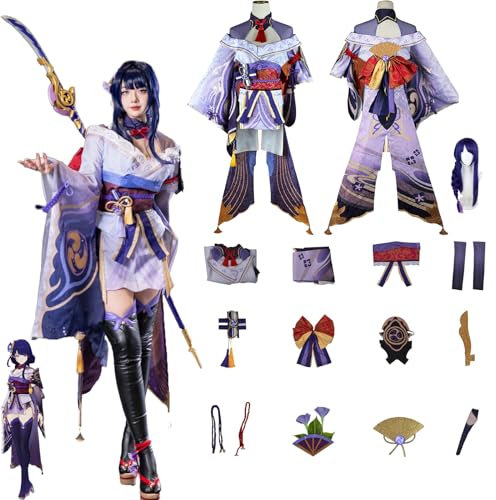 Daotutu Spiel Genshin Impact Cosplay Kostüm Outfit Rolle Raiden Shogun Cosplay Uniform Komplettset Set Halloween Karneval Party Dress Up Anzug mit Perücke (3XL)