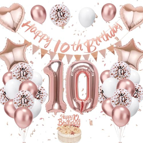 10. Geburtstag Deko Roségold - Luftballon Deko für Junge Mädchen, Weiß Luftballons mit Banner und Tortendeko für Dekoration