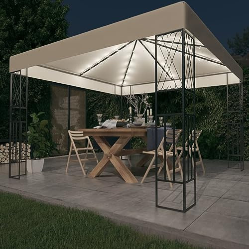 Iiaky Gazebo con Stringa di Luci LED 3x3 m in Tessuto Crema,Gazebo Pergola Con Telo Impermeabile Richiudibile E Struttura Rettangolare In Acciaio Inossidabile Ad Alta Densità,Per Arredo Giardino,Terra