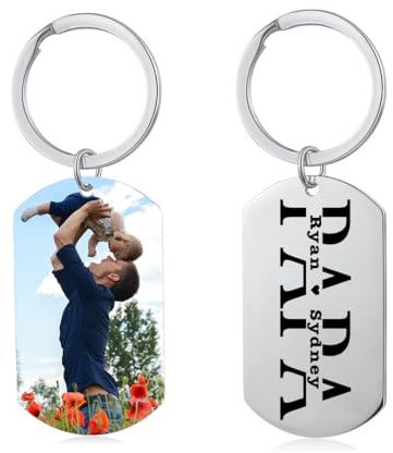 kaululu Porte Clef Personnalisable Photo Porte Clé avec Prenom Grave for Homme Porte-clés Papa en Acier Inoxydable avec Nom de Famille pour Homme Cadeau Fête Des Pères (A-2 noms)