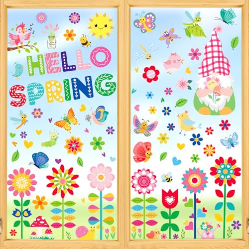 Fensterbilder Frühling Kinder, 9 Blätter Fensterbilder Frühling Selbstklebend Blumen Schmetterling, Fenstersticker Kinder, Fensteraufkleber Frühling Fensterdeko Kinderzimmer