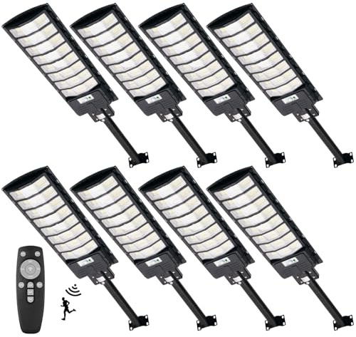 800W Lampadaire Solaire Exterieur avec Détecteur de Mouvement & Télécommande 8 Pièces - 792 LEDs 6500K 80000LM Solaire Exterieur Lampadaire IP65 Impermable Lampadaire Solaire Exterieur pour Parking