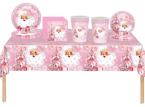 69 Pièces Vaisselle de Fête Noël,Assiettes Carton Jetable Gobelets Serviettesr en Papier et Nappe Plastique,Flocons Neige Vaisselle Jetable Recyclable Kit Rose Decoration Noël Fournitures de Fêtes