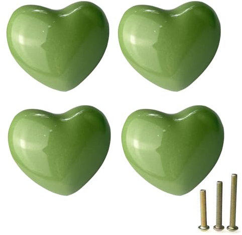 Mimhooy 4 Pack Green Ceramic Heart Shaped Cabinet Knobs for Cupboards & Drawers, Decorative