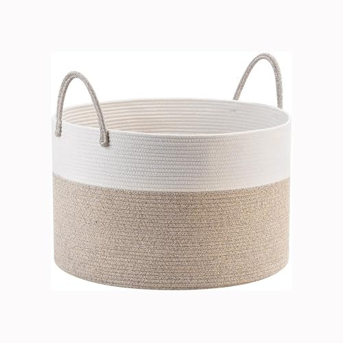 90L Großer Wäschekorb, Geflochten Wäschekorb aus Baumwolle mit Griff, faltbarer Spielzeug-Aufbewahrungskorb für Wohnzimmer/Schlafzimmer/Babyzimmer/Kinderzimmer, Weiß & Braun,50 x 35 cm