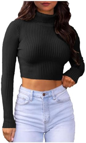 GOSTYLES® Womens Ribbed Polo Roll Neck Crop Top – Ladies Soft Knitted Mock Turtle Neck Long Sleeve Jumper Stretch Cropped Sweater Top (Black, 12-14)