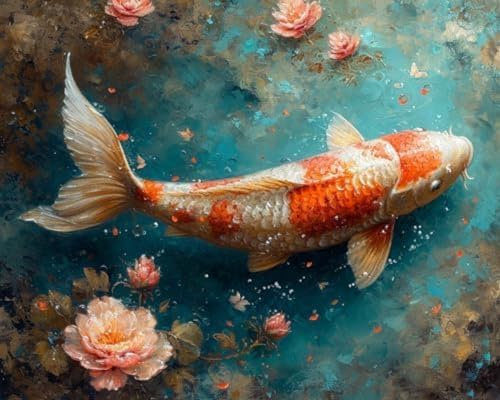 YarnAdventures Peinture par Numéros Adultes débutants,L'amour fidèle du poisson Koi,Acrylique Peinture Numero sur Toile,Kit de Peinture à l'huile sur Toile Bricolage,40x50cm sans cadre