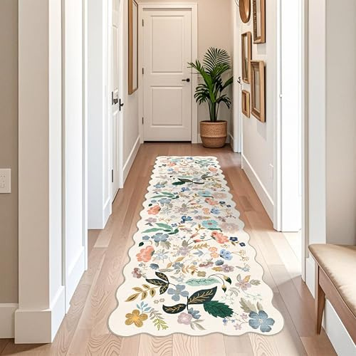 Waschbarer Flurteppich, 7,6 x 25,4 cm, lang, floral, gewellt, weich, Läufer für Küche, Eingangsbereich, rutschfest, Badezimmer, Kinderzimmer, Bodenmatte, 3 m, wasserabweisend, Niederflor-Teppich für