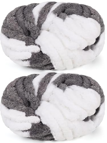 Reessy Chunky Yarn for Hand Knitting, 2×250g Super Chunky Yarn-Grey White | Soft Thick Wool Jumbo Yarn for Crocheting, Fluffy Plush Blanket Yarn for Knitting Blanket Pet Bed Mats Sofa Mats