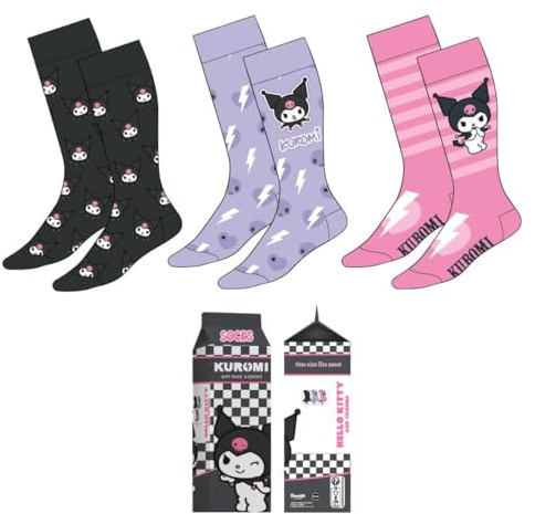 CERDÁ LIFE'S LITTLE MOMENTS Womens Hello Kitty Kuromi Pack Of 3 Adults For Everyday Wear And Gifts Socks, Multicoloured, 3-9 UK