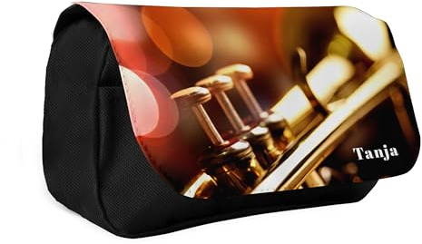 DRUC KLAUS Mäppchen Trompete mit Wunschname – Personalisiert für Musiker – Robustes Federmäppchen aus Polyester mit 2 Fächern