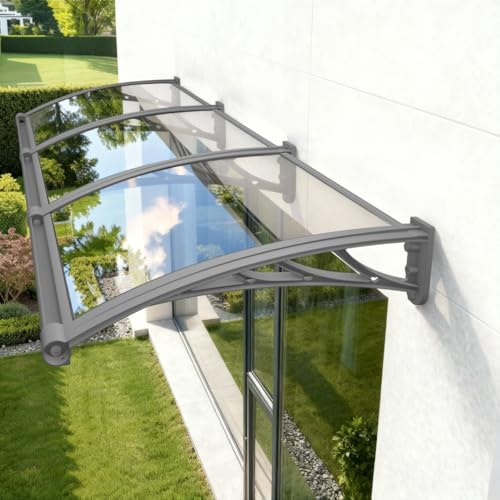 Vordach für Haustür, Überdachung Haustür mit Waschbecken aus Aluminium fur Markisen Fenster Türen Außenbereiche UV- Regen- Schnee- Sonnenschutz,Grau Platte-Transparent PC Halterung 80x200cm