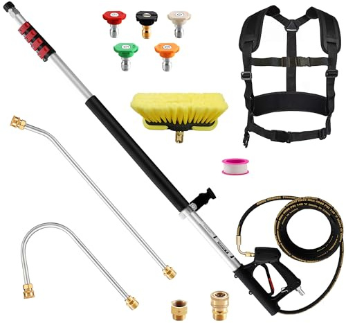 Telescoping Pressure Washer Wand 24 ft Pressure Washer Extension Wand 24 Feet Power Washer Extension Wand Aluminum with Brush Head,Gutter Cleaner, 5 Spray Nozzle Tips, 2 Hose Adapters, Support Belt