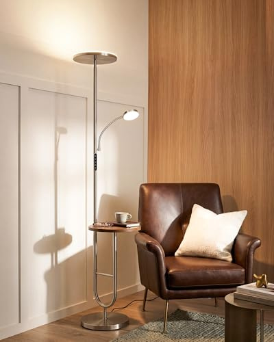 Stehlampe Wohnzimmer Mit Tisch & Leselampe, Platzsparende Led Stehleuchte Dimmbar, 4 Farbtemperaturen, Stehlampe Mit Ablage, Fernbedienung & Touch, 1H Timer, Moderne Standlampe Nickel Matt