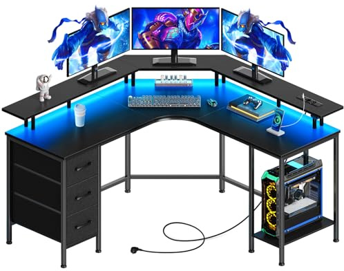 Seventable Bureau Gaming d'angle en L avec Rangement, 135 x 135 cm - Bureau PC Gamer avec 3 Tiroirs, LED RGB, Prises Intégrées (AC/USB/Type-C), Bureau d'Ordinateur Réversible, Noir