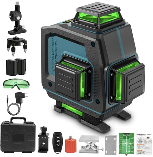 QUPERR 4D Kreuzlinienlaser Grün, Laser Wasserwaage 16 Linien (Ohne Stativ) | 4x360° selbstnivellierende, Linienlaser/Baulaser für Fliesenlegen, Bilderaufhängen und Innenausbau