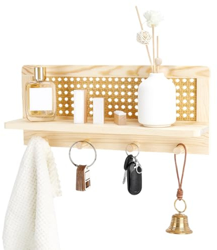 PH PandaHall Étagère Murale en Rotin, Étagère Murale Rustique en Bois avec Crochets, Porte-Clés Décoratif en Bois avec Étagère Flottante pour Entrée Salon, 40x17cm