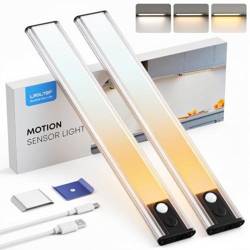 LROLTEF Schrankbeleuchtung Led mit Bewegungsmelder 20cm Schwarz | 1100mAh 3 Farben Dimmbar Unterbauleuchte Küche Licht, Treppenbeleuchtung Vitrinenbeleuchtung Aufladbar Magnetische, 2 Stück