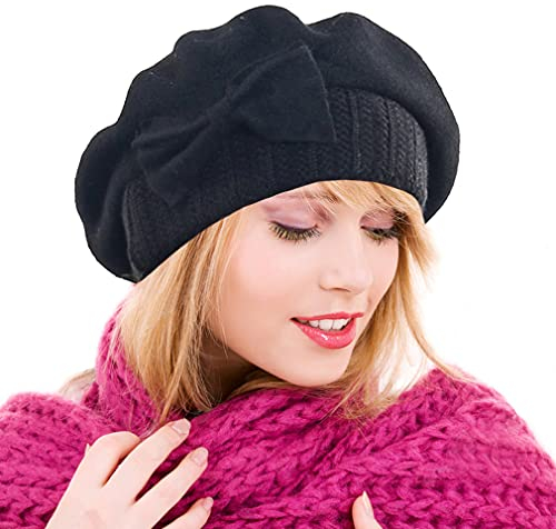 Ruphedy Baskenmütze Damen Wolle Französischen Barett Beanie Winter Mütze Hy022 (Schwarz)