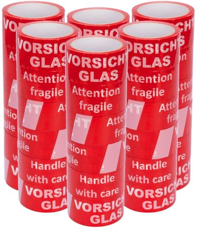 verpacking Vorsicht Glas Paketband 50 mm x 66 m Rot [Stückzahl wählbar] Warnband Attention fragile Handle with care leise abrollend reißfest Packband 36 Rollen