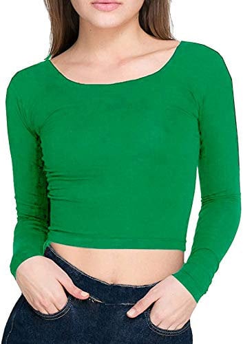 Candid Styles Womens Crop Long Sleeve T Shirt Ladies Ladies Short Plain Round Neck Top 8-14, (12-14, Jade Green)