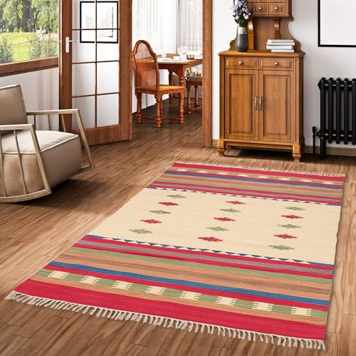 Pergamon Baumwolle Natur Kelim Teppich Lina Rot Trend in 7 Größen